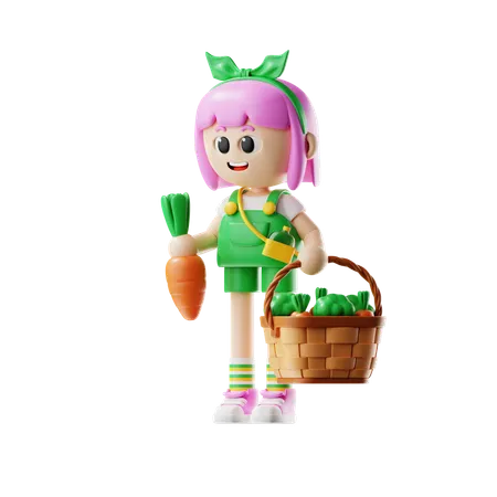 Female Farmer Bring Harvest Basket  3D Illustration