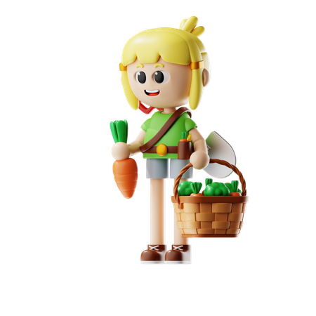 Female Farmer Bring Harvest Basket  3D Illustration