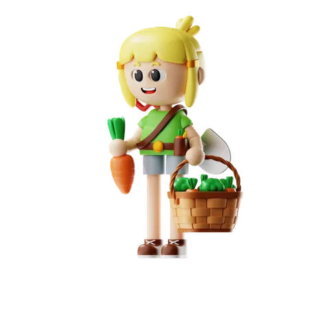 Female Farmer Bring Harvest Basket  3D Illustration