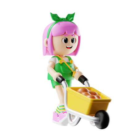 Female Farmer Carrying Soil With Wheelbarrow  3D Icon
