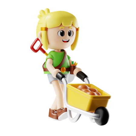 Female Farmer Carrying Soil With Wheelbarrow  3D Icon