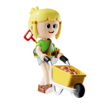 Female Farmer Carrying Soil With Wheelbarrow  3D Illustration