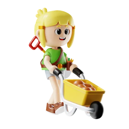 Female Farmer Carrying Soil With Wheelbarrow  3D Illustration