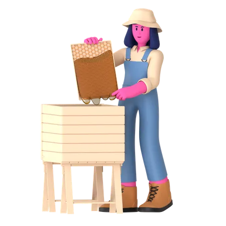 Female farmer collect honey and hive produce  3D Illustration