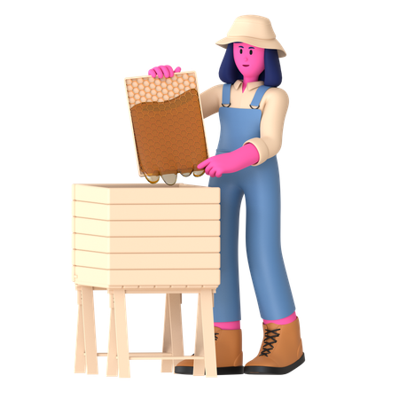 Female farmer collect honey and hive produce  3D Icon