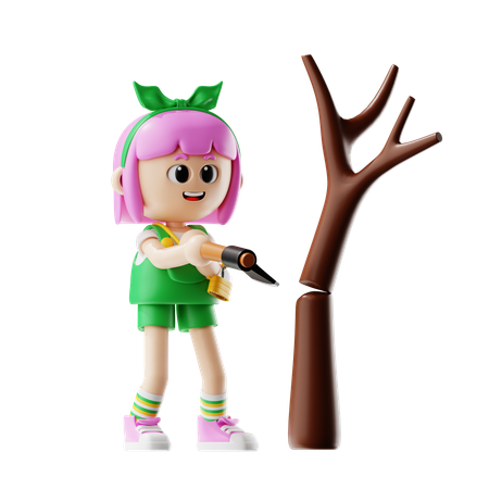 Female Farmer Cutting Down Trees  3D Illustration