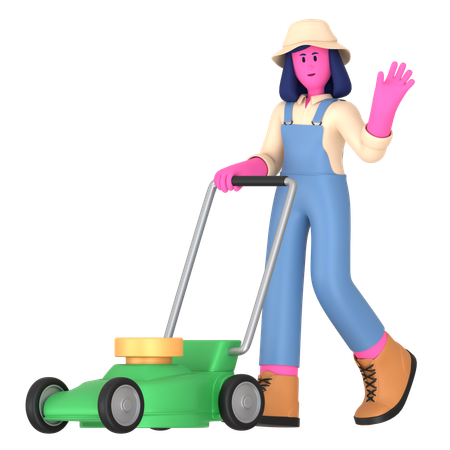 Female farmer cutting lawn using Lawn Mower  3D Illustration