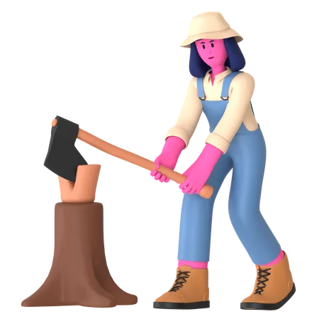 Female farmer cutting Wood using Axe  3D Illustration