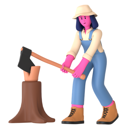 Female farmer cutting Wood using Axe  3D Illustration