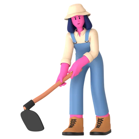 Female farmer digging using Hoe  3D Illustration