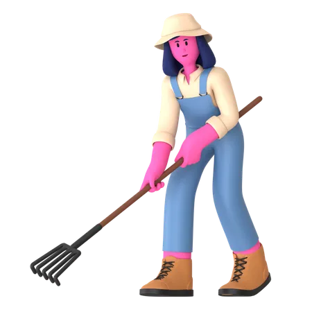 Female farmer digging with Rake  3D Illustration