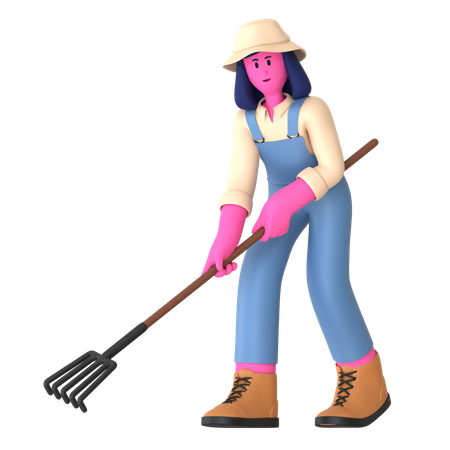 Female farmer digging with Rake  3D Illustration