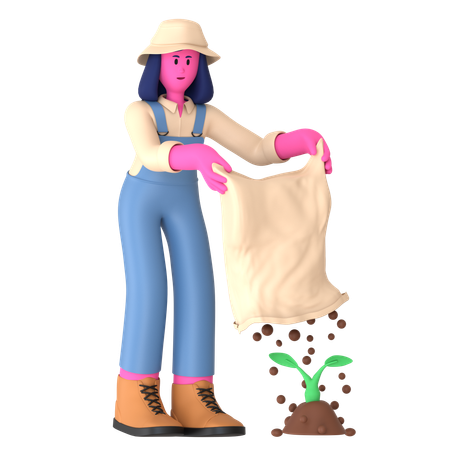 Female Farmer Fertilize to plant  3D Icon