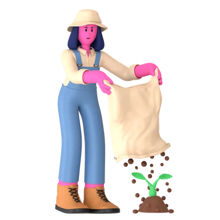 Female Farmer Fertilize to plant  3D Illustration