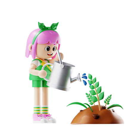 Female Farmer Give Water to Plants  3D Illustration