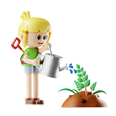 Female Farmer Give Water To Plants  3D Illustration