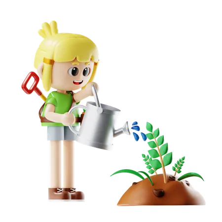 Female Farmer Give Water To Plants  3D Illustration