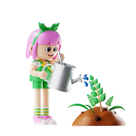 Female Farmer Give Water to Plants  3D Illustration