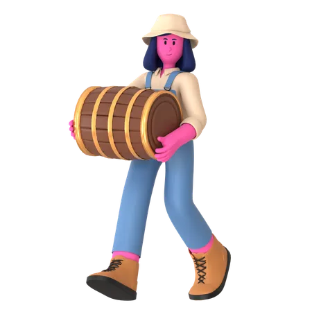 Female farmer holding Barrel  3D Illustration