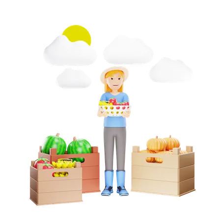 Female Farmer Holding Carat of Fresh Fruits  3D Illustration