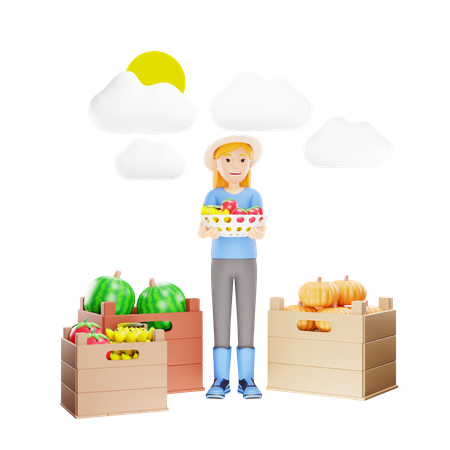 Female Farmer Holding Carat of Fresh Fruits  3D Icon