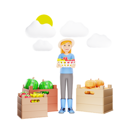 Female Farmer Holding Carat of Fresh Fruits  3D Illustration