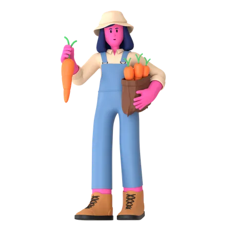 Female farmer holding carrot bag  3D Illustration
