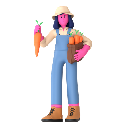 Female farmer holding carrot bag  3D Illustration