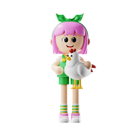 Female Farmer Holding Chicken  3D Icon