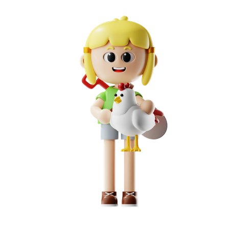 Female Farmer Holding Chicken  3D Icon