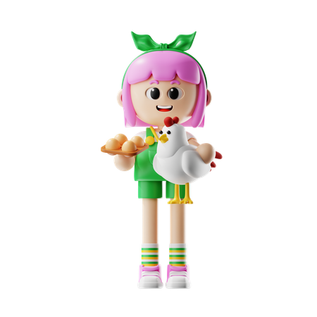 Female Farmer Holding Chicken And A Basket Of Eggs  3D Icon