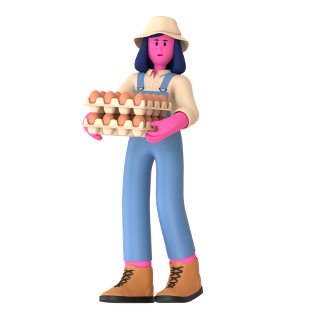 Female Farmer holding Eggs tray  3D Illustration