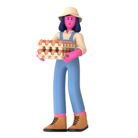 Female Farmer holding Eggs tray  3D Illustration