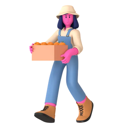 Female farmer holding Harvest box  3D Illustration