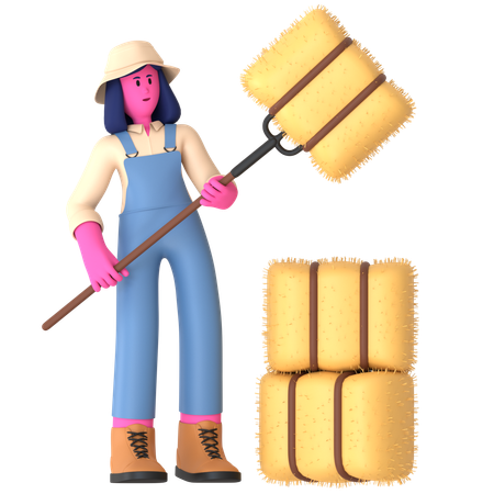 Female farmer holding Hay using rack  3D Illustration