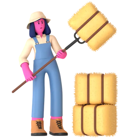 Female farmer holding Hay using rack  3D Illustration