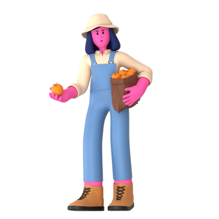 Female farmer Holding orange bag  3D Illustration