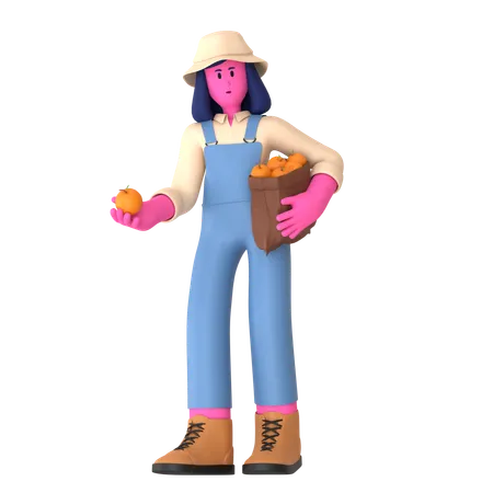 Female farmer Holding orange bag  3D Illustration