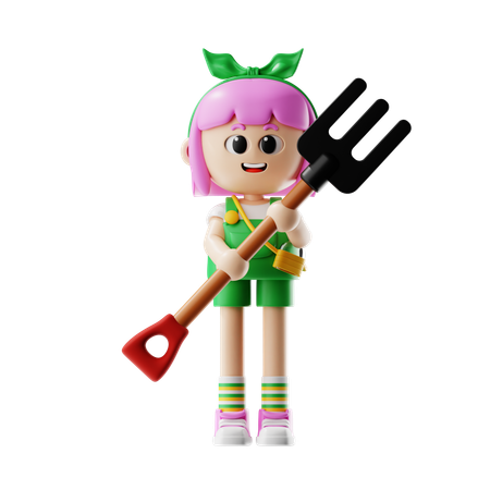 Female Farmer Holding Pitchfork  3D Icon