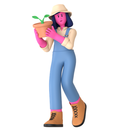 Female farmer holding plant pot  3D Illustration