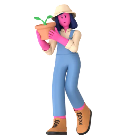 Female farmer holding plant pot  3D Illustration