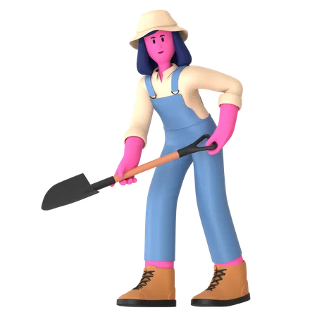 Female farmer holding Shovel  3D Illustration