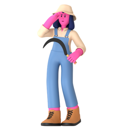 Female farmer holding Sickle  3D Illustration