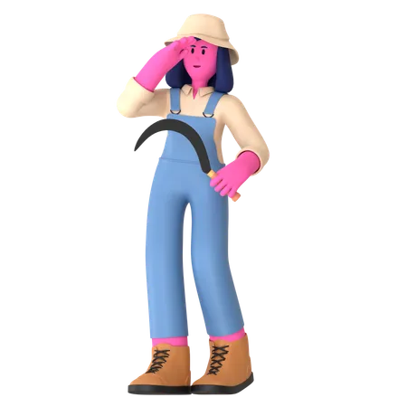 Female farmer holding Sickle  3D Illustration