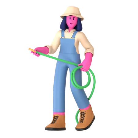 Female farmer holding Water Hose  3D Illustration