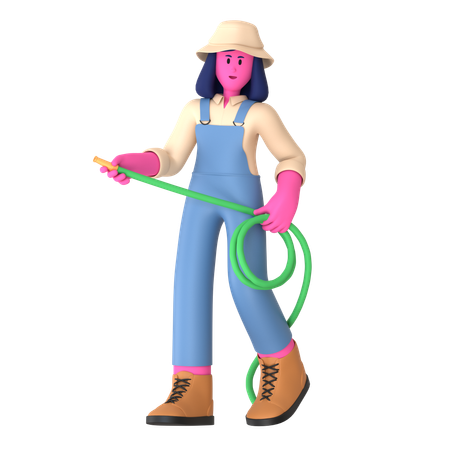 Female farmer holding Water Hose  3D Icon