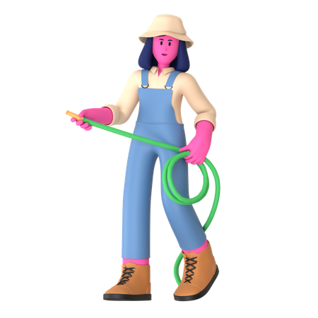 Female farmer holding Water Hose  3D Illustration