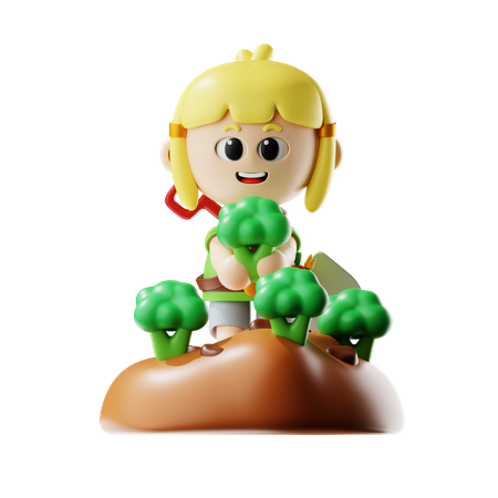 Female Farmer Planting Broccoli  3D Icon