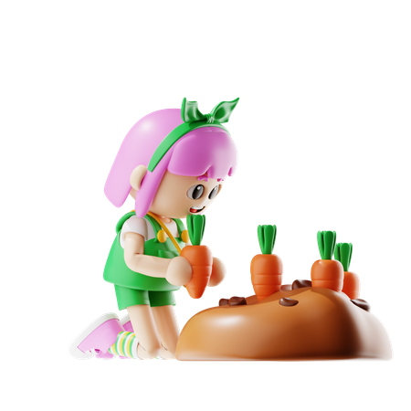 Female Farmer Planting Carrots  3D Illustration