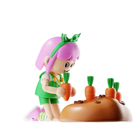 Female Farmer Planting Carrots  3D Illustration